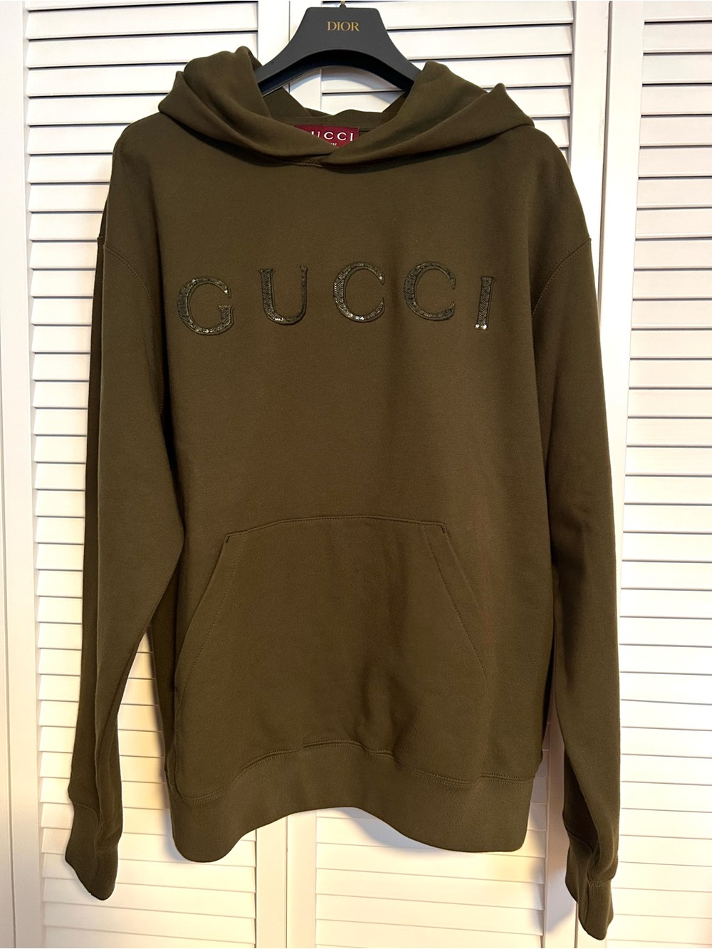 Gucci Men's Olive Green Logo Hoodie with Embellished Lettering